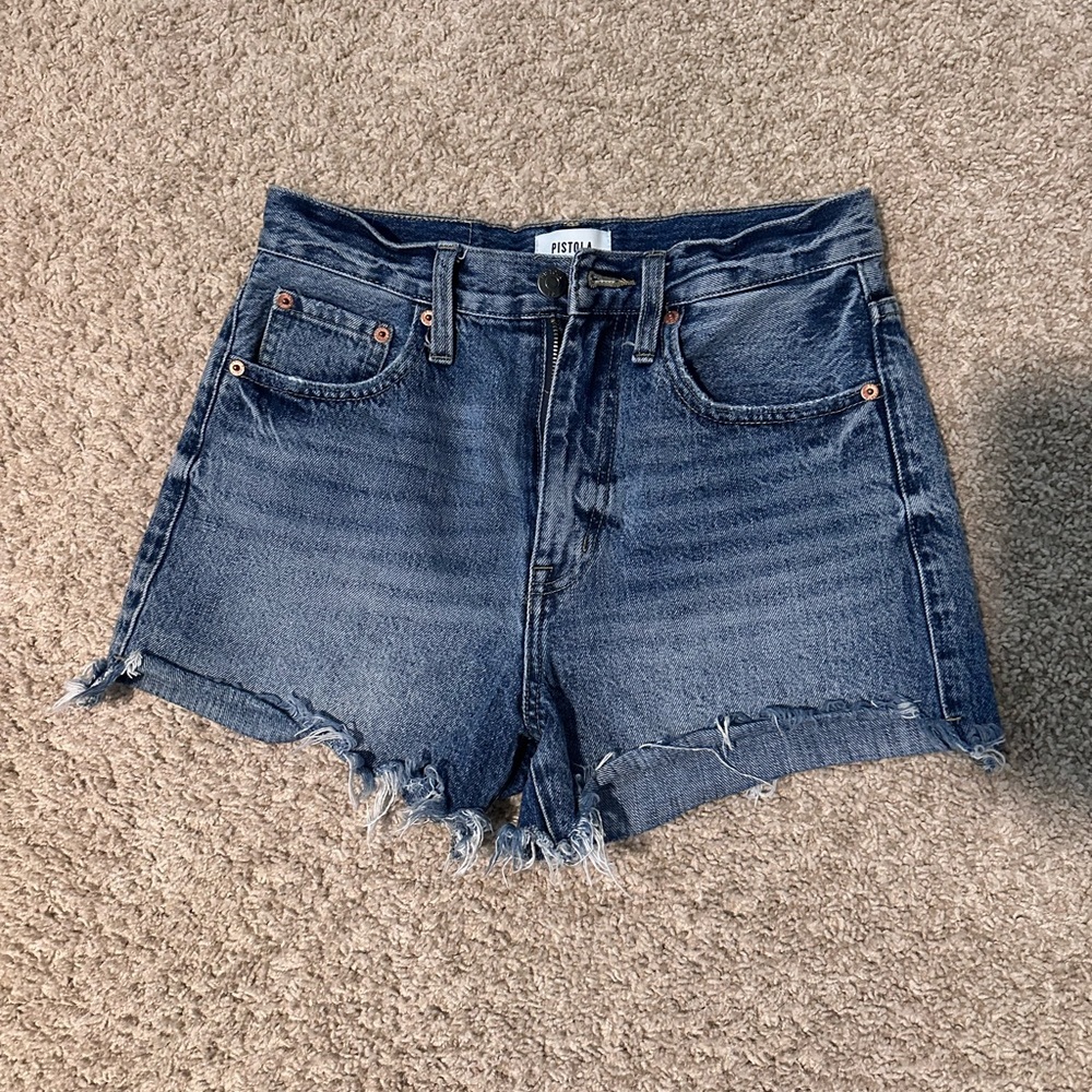 pistola Dark Blue High-Rise Frayed Hem Denim Shorts